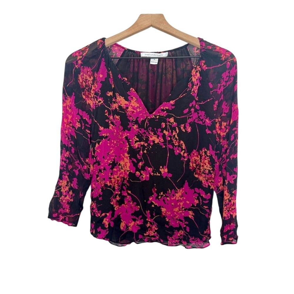 DIANE VON FURSTENBERG Women's M Marnie Silk Floral Blouse Black Pink Career Work